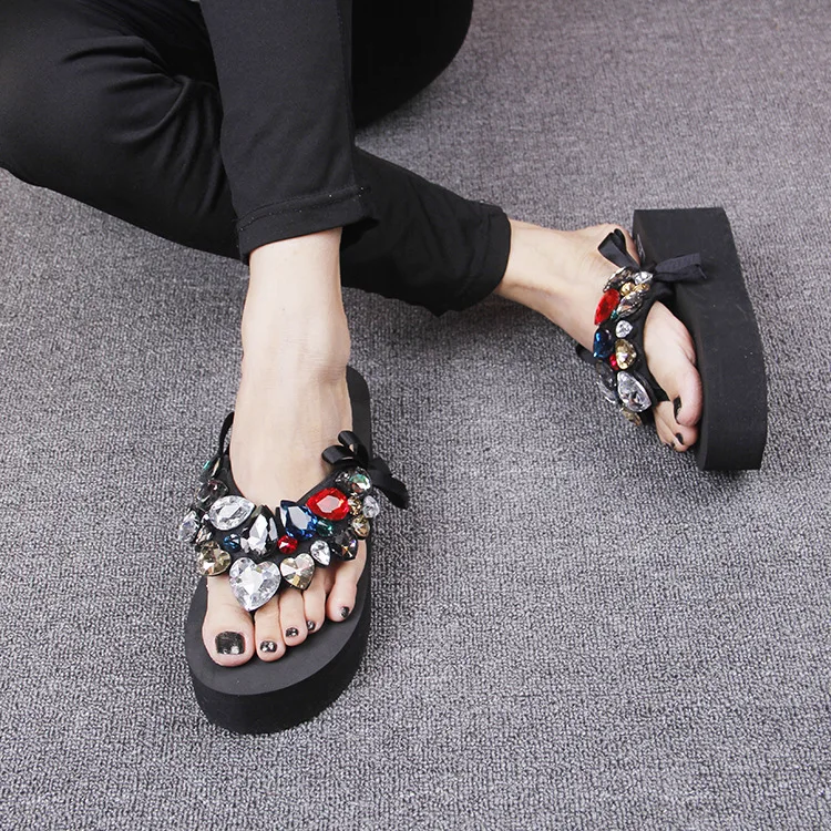 2019 Summer New Luxury Crystal Slippers Bow Womens Cheap Black Platform High Heels Comfortable Flip Flops Shoes Discount48