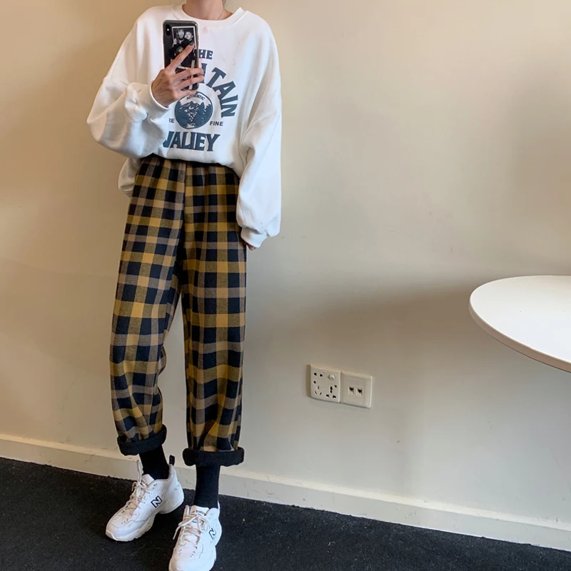Клетчатые женские штаны Harajuku, спортивные штаны, корейский стиль, Утепленные зимние брюки, женская уличная одежда, Осенние студенческие популярные новые тренды