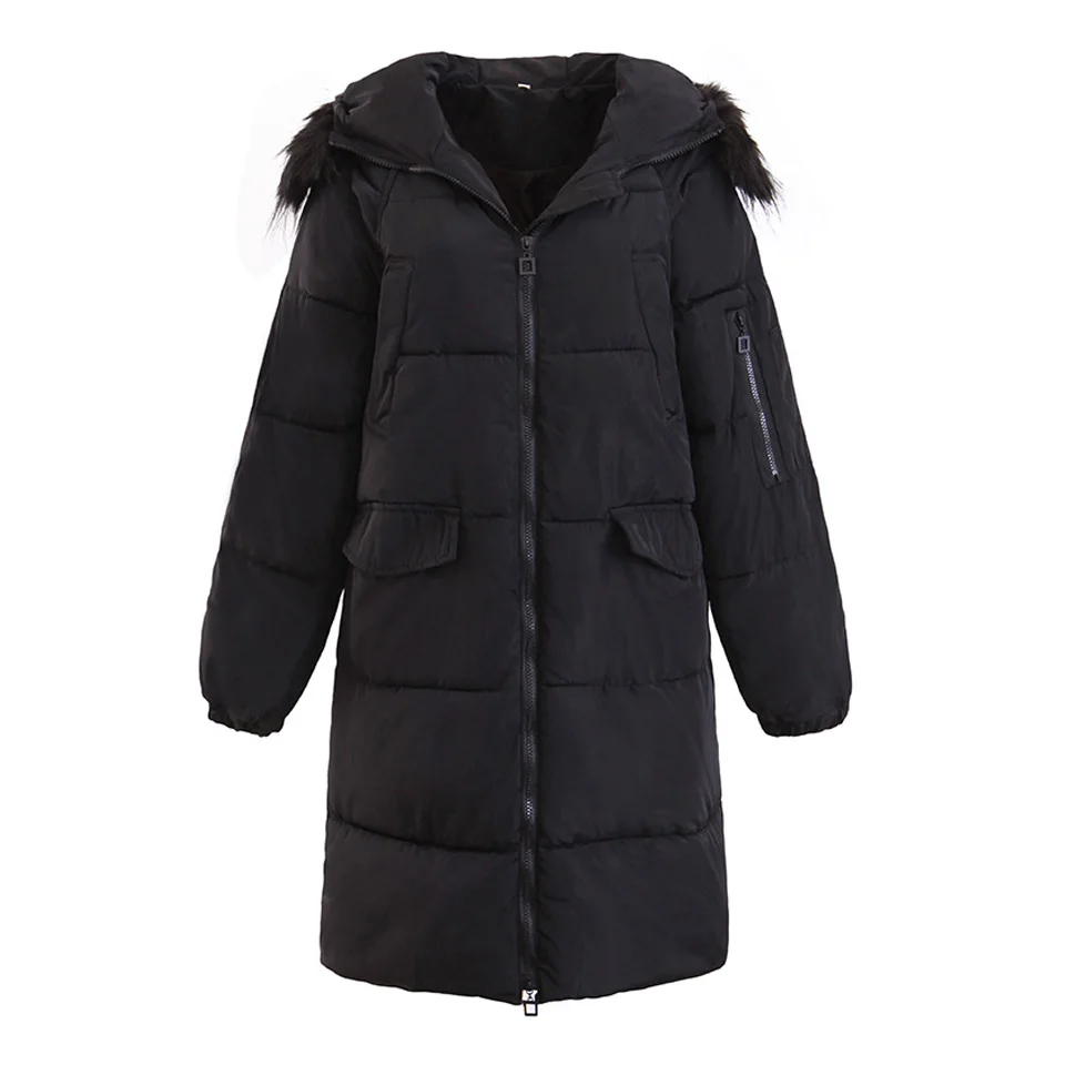 Женская зимняя повседневная свободная однотонная куртка-парка, пальто с меховым воротником, утепленная куртка с капюшоном, теплая парка, женская верхняя одежда больших размеров