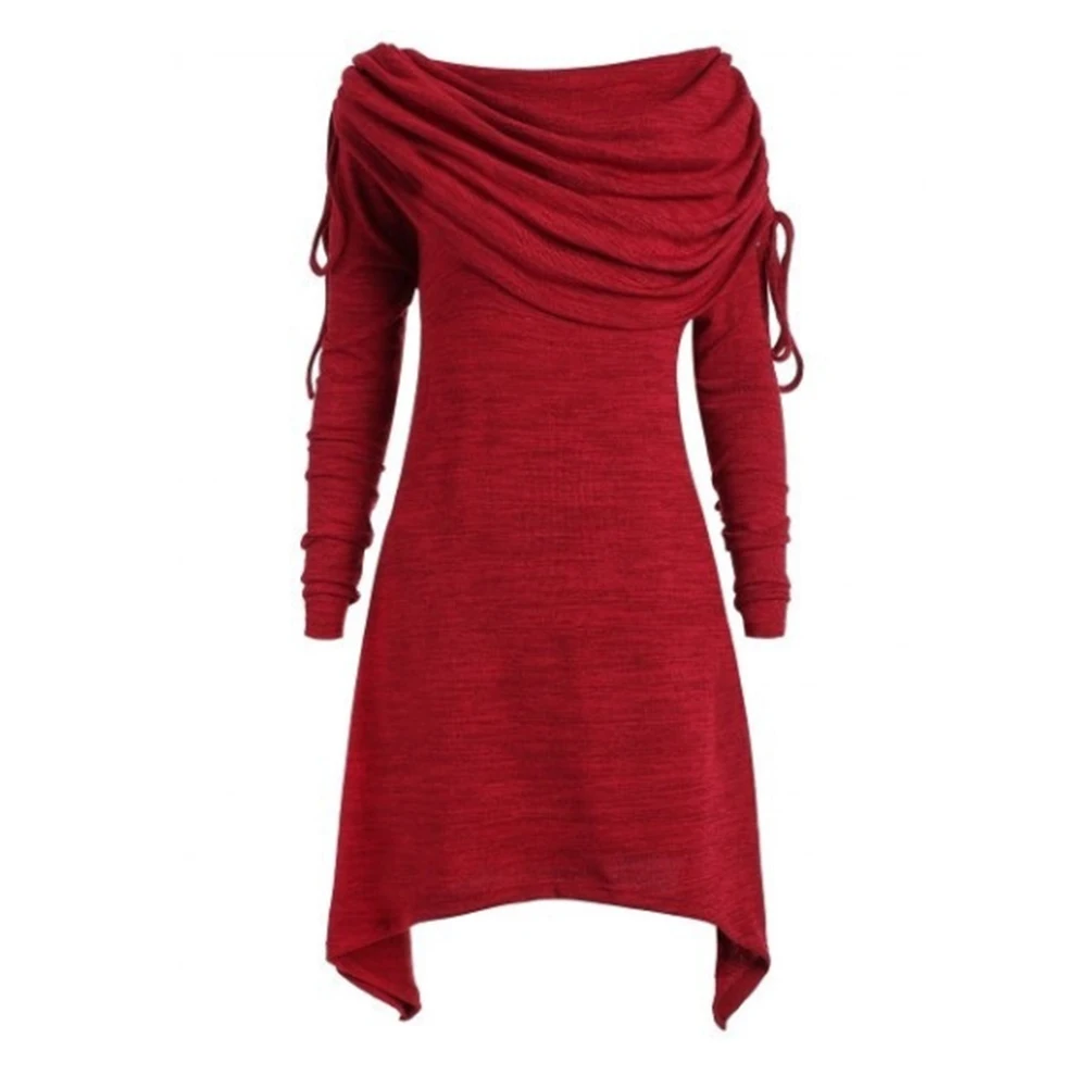 

Women Slim Fit Foldover Collar Irregular Hem Midi Casual Sweatshirt Autumn Long Sleeve Solid Ruched Baggy