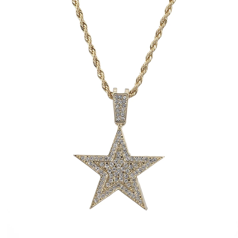 Men Hip hop Iced Out Bling five-pointed star Pendant Necklaces Pave Setting Zircon Fashion Charm Gold Color Necklace