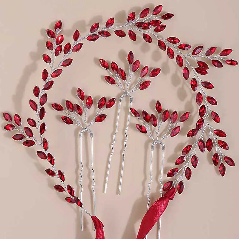 Bridal Blue Red Headband with Hair Pins Crystal Wedding Headpieces for Bride Rhinestones Vine Wedding Accessories for Flowe