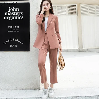 

FTLZZ Autumn Women Pant Suits Double Breasted Notched Collar Jacket Blazer & Sashes Pant Casual Female Work Suits High Quality