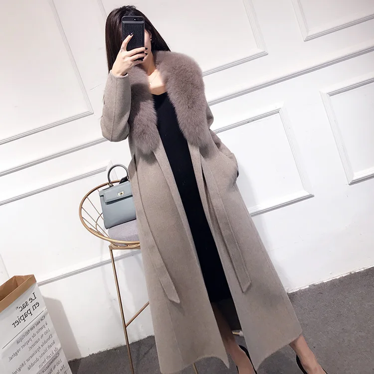 winter women's new high-quality double-sided coat wool fox fur collar long slim wool coat