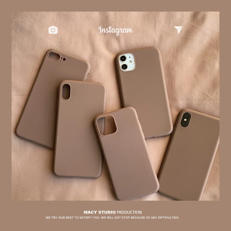 Precio Especial Funda de silicona para iPhone, carcasa de color sólido, marrón, Retro, Simple, coreana, para parejas, 12, mini, 11 Pro, Xs, Max, 7, 8, Puls, X, XR 1zWXnd9ry