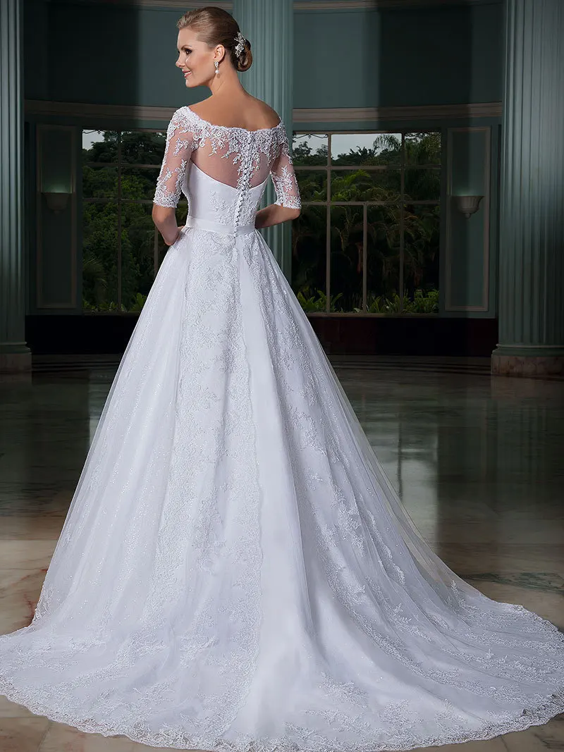 Vestido de novia/свадебные платья; кружевное свадебное платье принцессы на молнии с коротким рукавом и бантом на поясе со шлейфом;