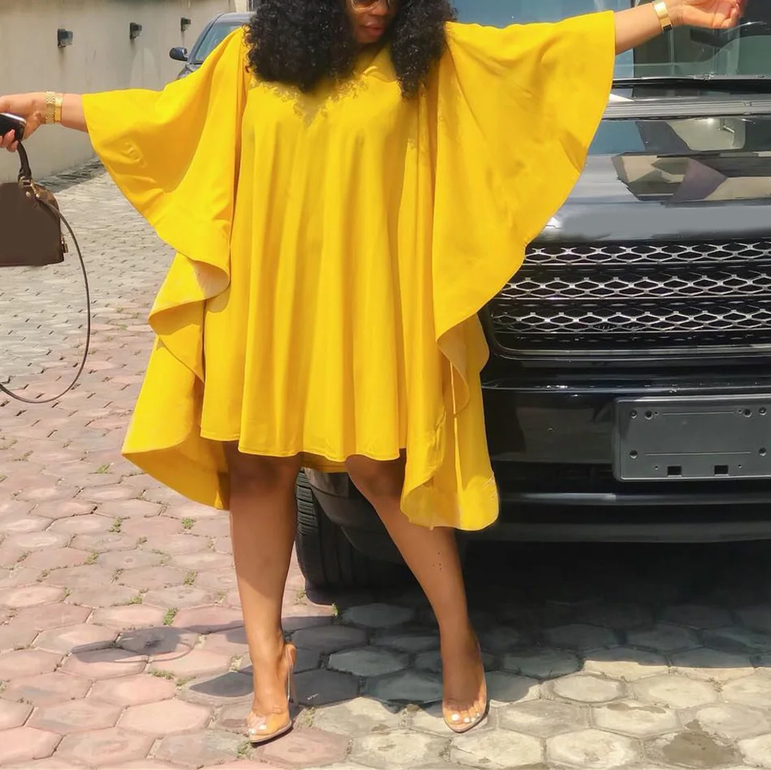 African Women Yellow Causal Dress Batwing Sleeve Loose A Line Plain Knee  Length Fashion High Street Daily Wear Robe Dress Big - Dresses - AliExpress