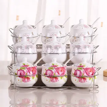 

Ceramic Seasoning Jar European Kitchen Household Ceramic Seasoning Box Seasoning Can Bottle Set Salt Tank MSG Lid Send Spoon