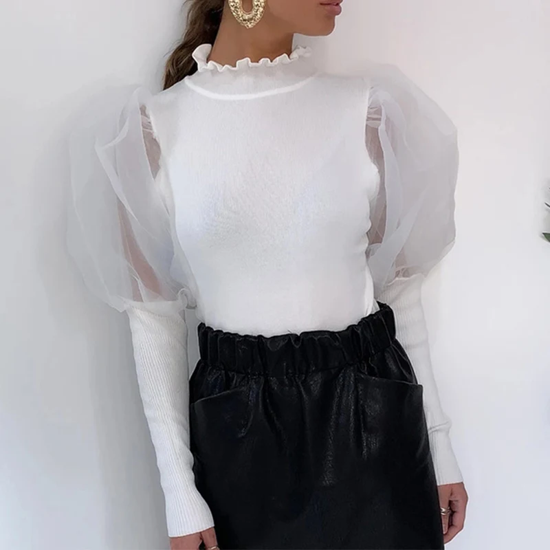 Women Bodysuits Solid Knitted Ruffled Neck Sexy Female Bodysuit Mesh Puff Sleeve Patchwork Slim Fashion Ladies Overall Clothes