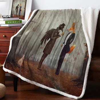 

BIGHOUSES Throw Blanket Mr. Raven And Mr. Fox Forest Animals Fleece Blankets Personalized Blankets Bedclothes