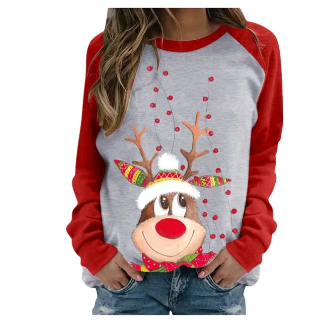 Funny Cute Elk Printing Long Sleeve Christmas Women T-Shirt