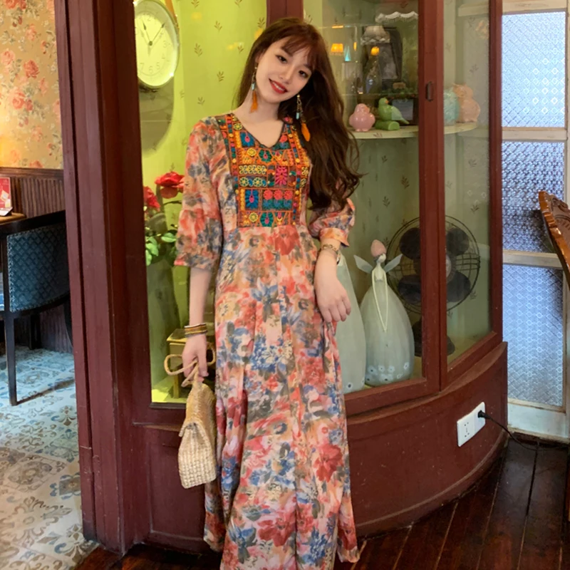 

2020 summer new Bohemian tourism printing beach long style dress ethnic style dress Korean version retro embroidery dress