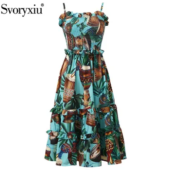 

Svoryxiu 2020 New Runway Spring Summer Holiday Beach Spaghetti Strap Dress Women's Elastic Bust Print Ruffled Sexy Dresses