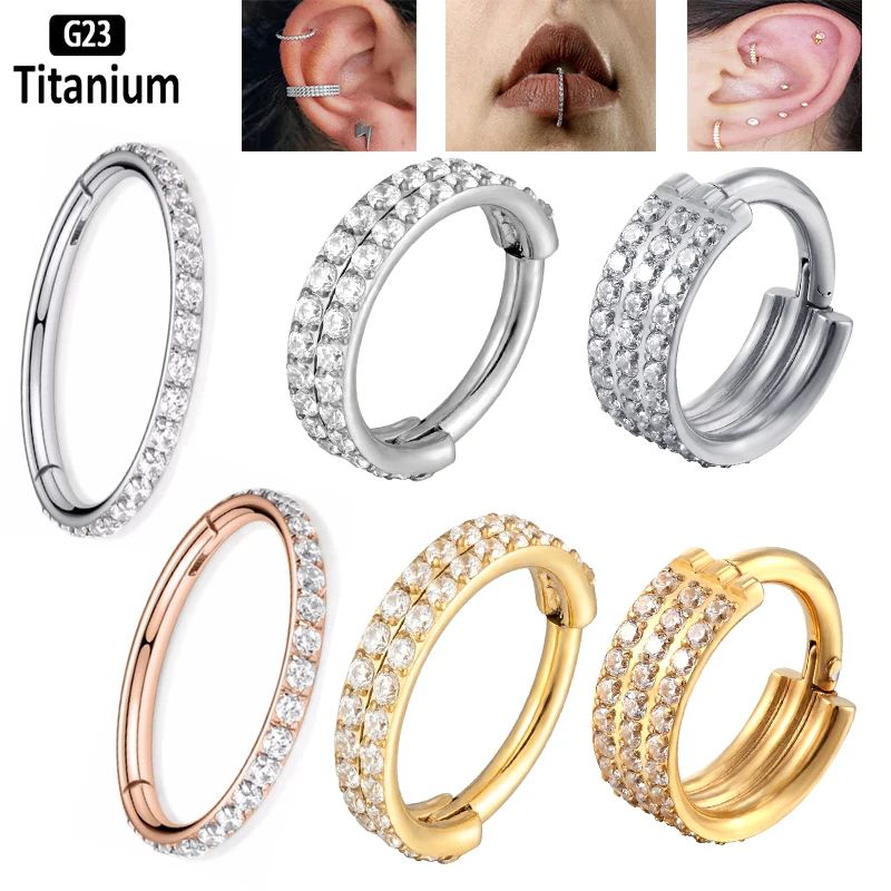 

G23 Titanium Piercing Hinged Segment Septum Hoops CZ Nose Rings Clicker Ear Cartilage Tragus Helix Earrings conch Body Jewelry