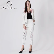 SEQINYY Women Set 2020 Summer Spring New Fashion Design Office Lady Blazer + Elastic Waist Pants Vintage Flower Print White Suit