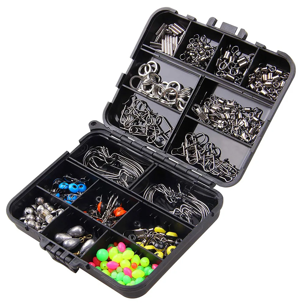 Fishing Swivels Tackle Box Kit - 175Pcs Fishing Swivels Snap Sinker Slide  Double Hooks Fishing Sinker Weights Beads Fishing Accessories Tackle Box Set