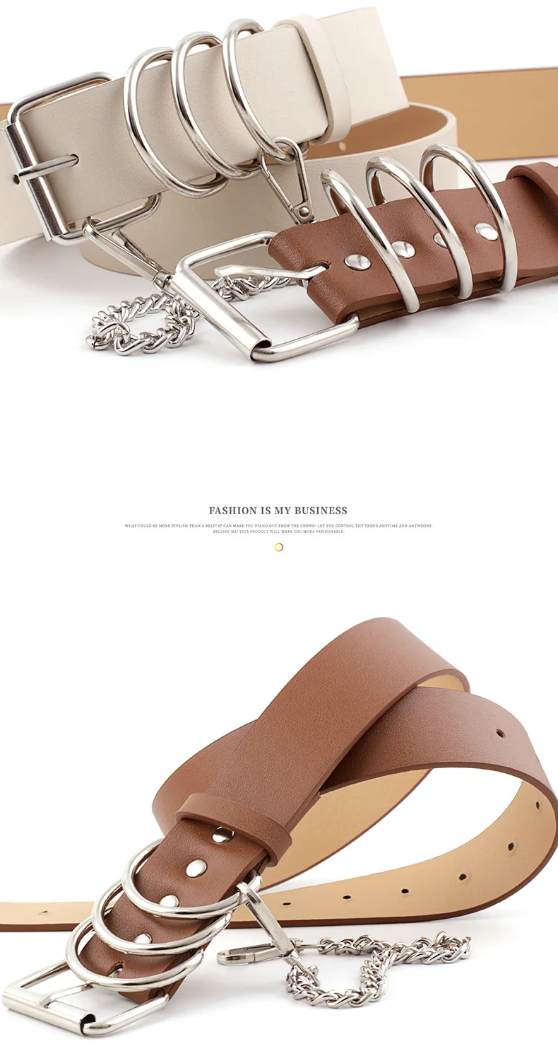 New Women Leather Chain Ring Belt Female Square Pin Buckle Waistband White Black Fashion Hot Waist Belt For Jeans Trousers Z20
