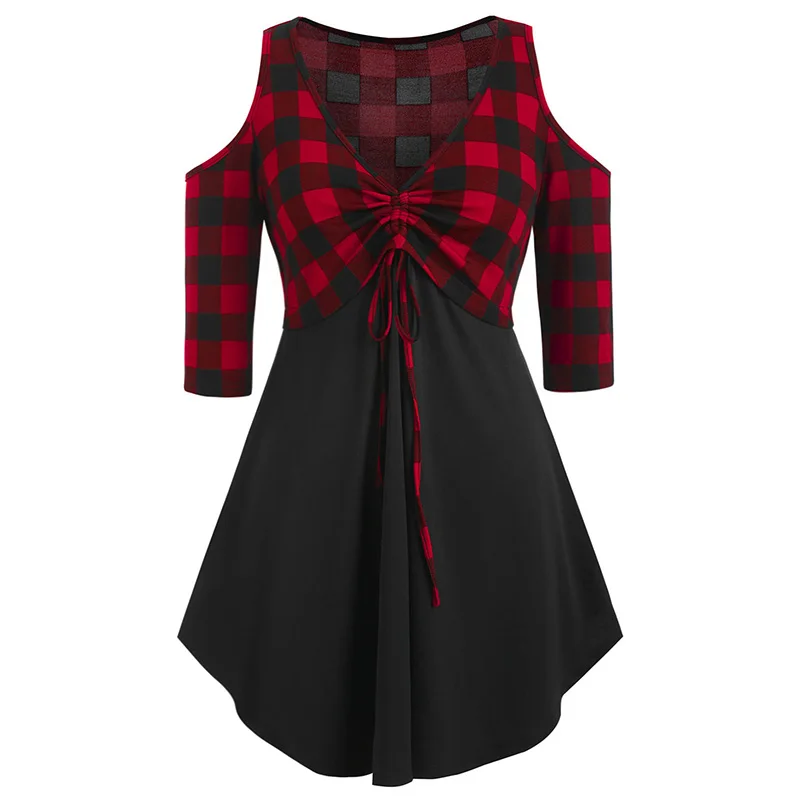 ROSEGAL размера плюс клетчатая панель с открытыми плечами футболка глубоким вырезом