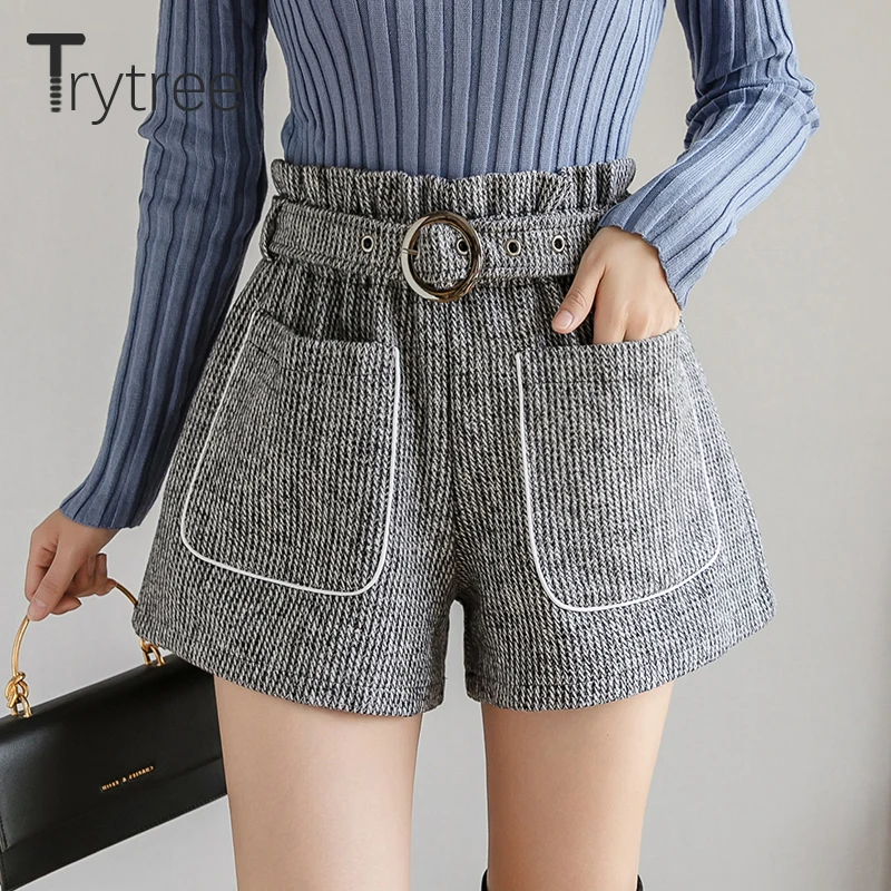 Trytree Autumn Winter woman Casual Shorts Loose Belt Pockets High waist Solid 3 Colors Fashion All-Purpose Style Short