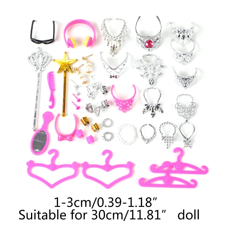 2021 New 38pcs/Set Barbi Doll Accessories Simulation Jewelry Necklace Crown Earrings Pink