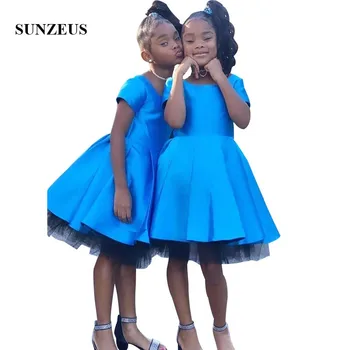 

Short Sleeves Blue Kids Party Dresses With Black Tulle A-line Knee Length Simple Satin Flower Girl Dress Chidren