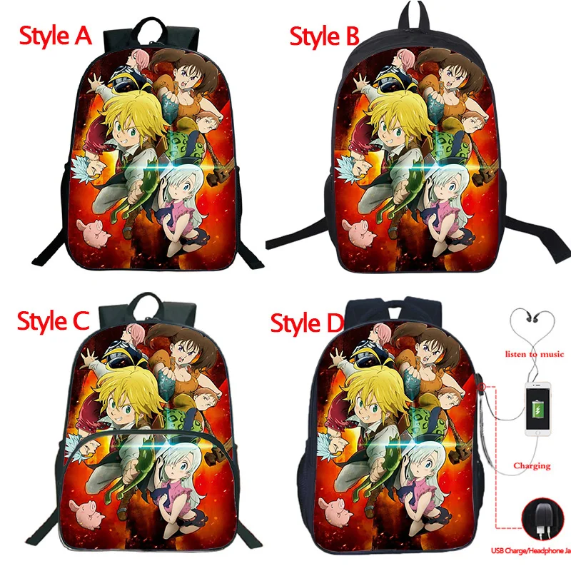2 The Seven Deadly Sins 4 вида рюкзак USB зарядка сумка студенческий Повседневный Рюкзак-сумка через плечо, для путешествий красивый обратно в школу Mochila - Цвет: 2