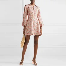 Лето, стиль, вырез лодочкой, длинный рукав, волнистый край, подол, милое розовое платье с цветочным принтом, короткая юбка для женщин