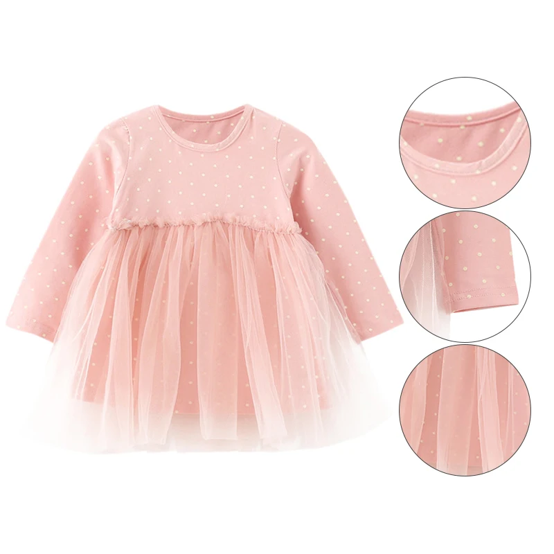 Autumn New 0-4T Baby Girl Dress Lovely Toddler Girl Dot Pattern Mesh Stitching Dresses Korean Style Long-sleeved Girls Dresses