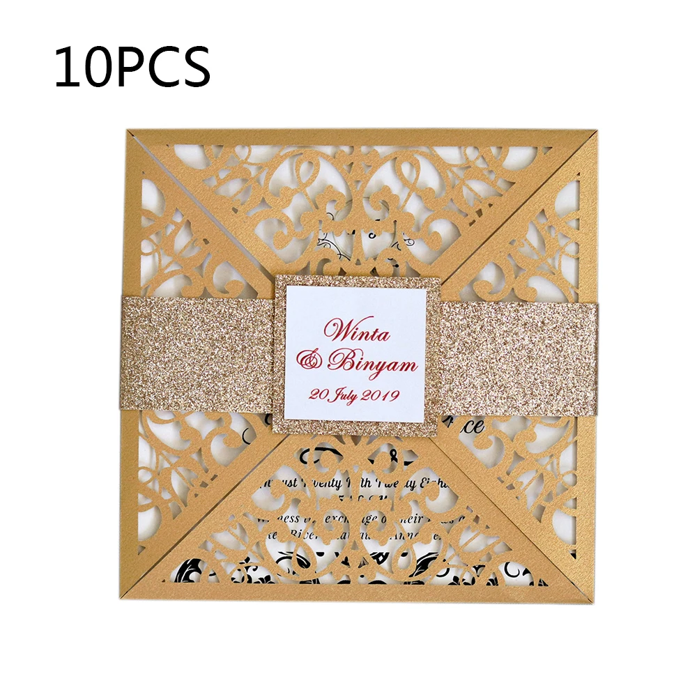 10Pcs Laser Cut Business&Wedding Lace invitations Cards Wedding Bridal Shower Gift Greeting Card Kits Event Party Supplies Decor - Цвет: Gold