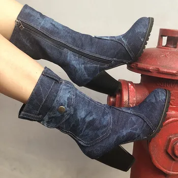 

New Winter Women Boots Denim Mid Calf High Square Heel Zipper Rubber Round Toe Faux Suede Slim Platform Ladies Shoes Botas Mujer