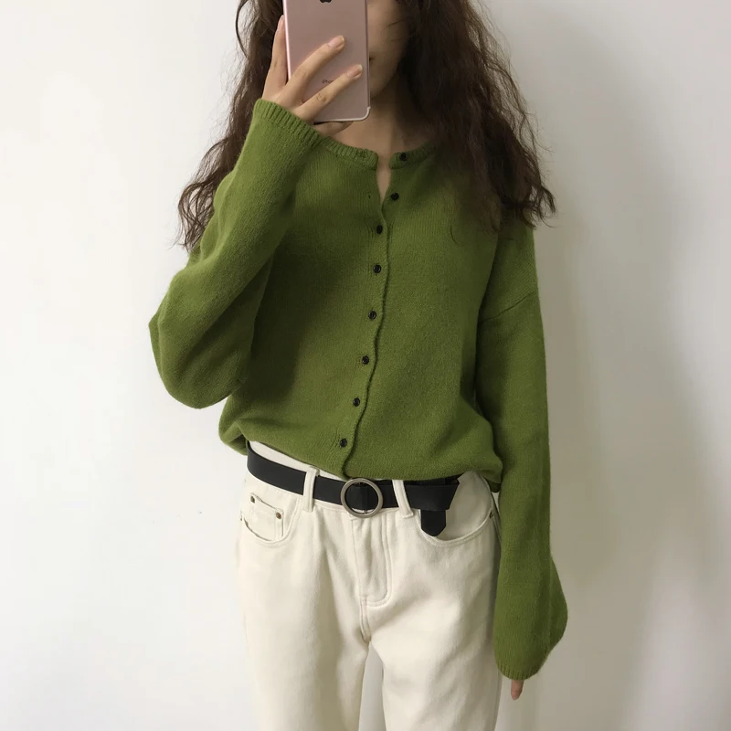 Сделанный из пряжи корейский стиль женский кардиган Осень Зима Винтаж однобортный трикотажный вязаный свитер авокадо зеленый T342