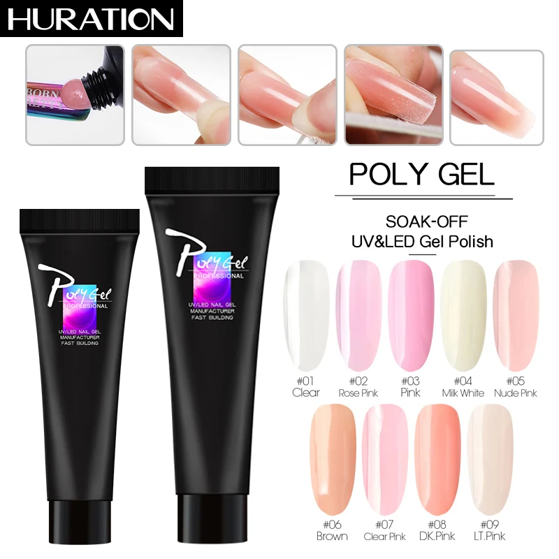 

Huration New Poly Gel Nail Extension Gel Lacquer Nail Quick Building Newest Products 9 Colors Clear Crystal UV LED Nail Polish