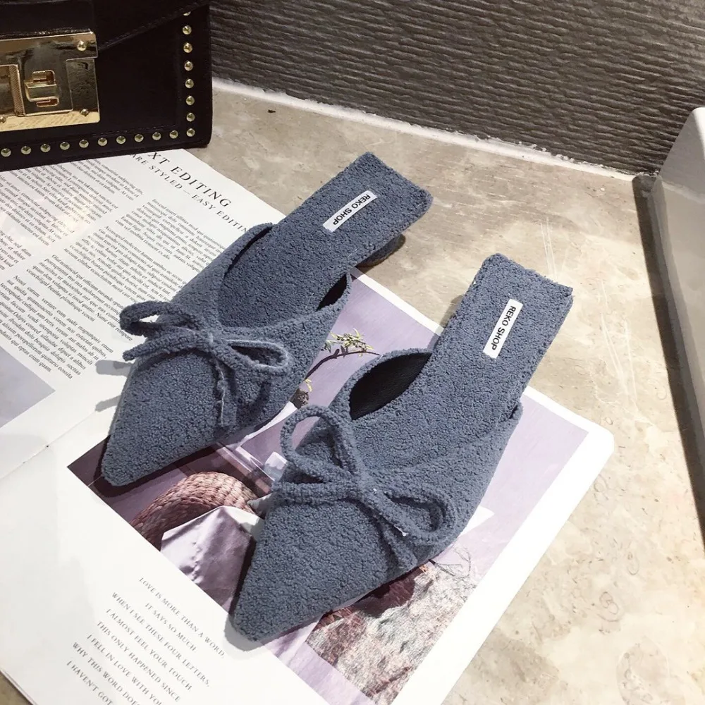 Famous Designer bow-knot wool mules shoes woman pointed toe furry slippers winter low heels shallow curl fur flip flops slides