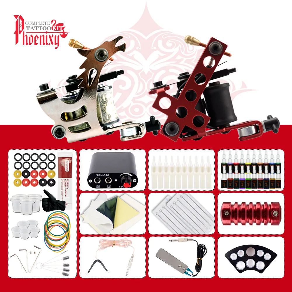 

Complete Tattoo Kit 2 Tattoo Machines Gun 6/10/20 Colors Ink Set Power Supply Makeup Body Art Permanent Professional Tattoo Set