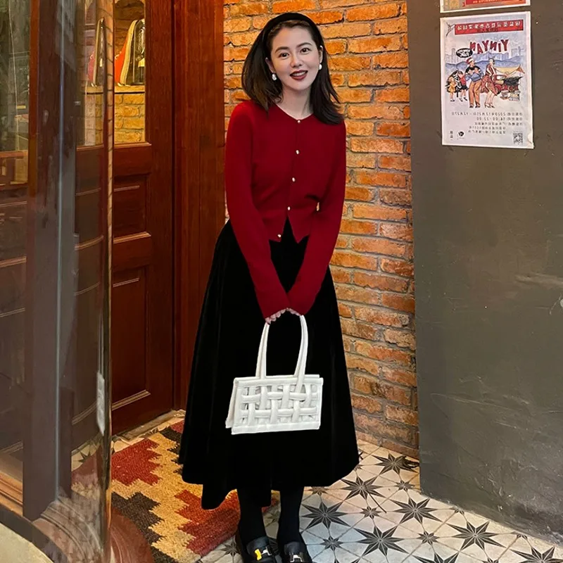 

New Spring Fall Two Pieces Set Women Red O Neck Cardigan Knitting Sweater Top+Elastic Waist Velvet A Line Skirt Office Work Suit