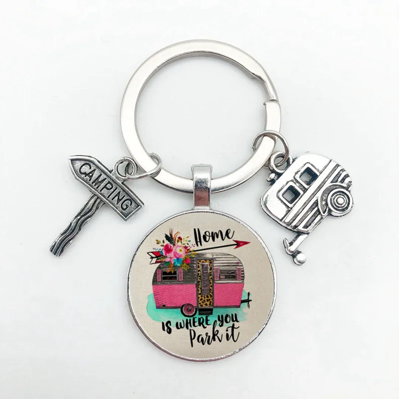 Camping Keychain Camper Wagon Trailer Signpost Vacation Travel Memorial Gift