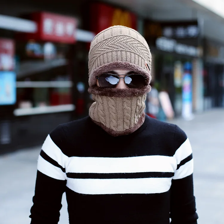 Khaki Hats Scarf Зимняя вязаная шапка, шарф, набор, Мужская однотонная теплая шапка, шарфы, мужские зимние уличные аксессуары, шапки, шарф, 2 штуки - Цвет: Khaki Hats Scarf
