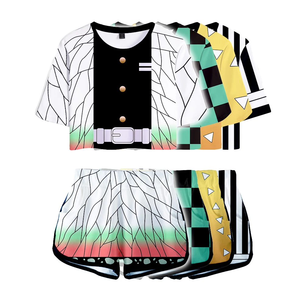 

Summer Exposed navel shorts and T'shirt kit Demon Slayer Cosplay Costume Kamado Tanjirou Nezuko Rengoku Kyoujurou Iguro Obanai