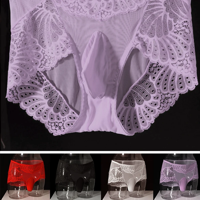 

Трусы-брифы мужские кружевные прозрачные, бесшовное нижнее белье с U-образным выпуклым мешочком, дышащие пикантные трусы с низкой посадкой
