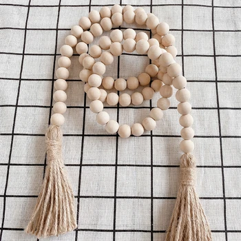 

European Wood Bead Garland with Tassels Farmhouse Beads Rustic Country Decoration Living Room Bedroom Wall Hanging Ornaments