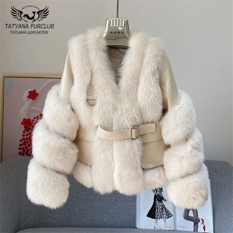 

Winter Fashion Real Fox Fur Jackets Women 2020 Locomotive Style Genuine Sheep Leather Coats Whole Skin Fox Fur Overcoats Female