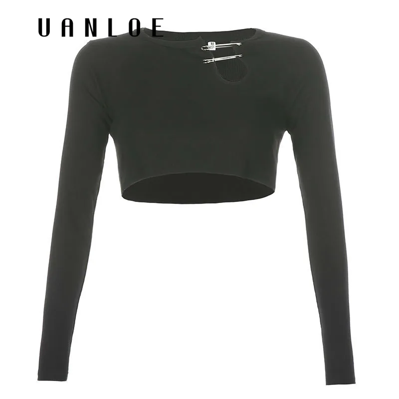 

Autumn Streetwear Basic Cropped Top Women Skinny Hollow Out Rib Knitted Tshirt Casual Solid O-neck All-Mach Fashion Tops