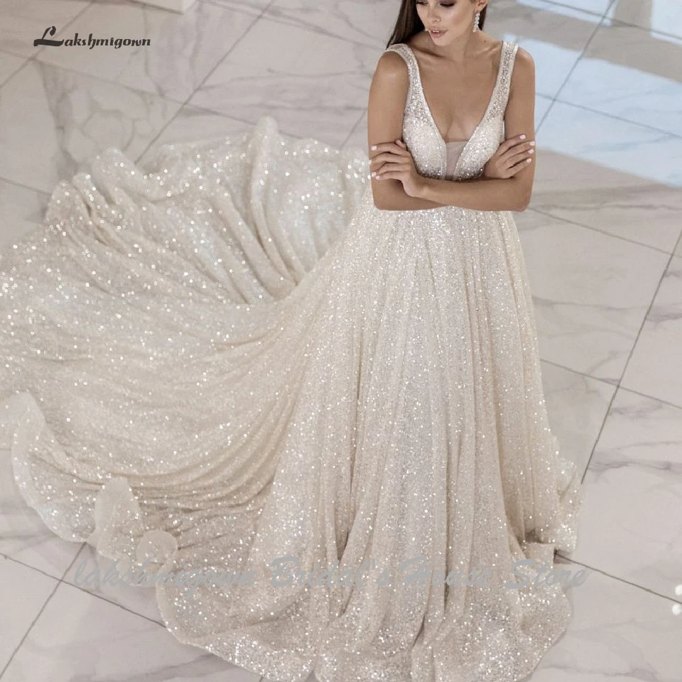 Lakshmigown Bling Bling Open Back A Line Wedding Dress 2024 Vestidos de Novia Sexy Bridal Gown Plunging Wedding Gowns Customized 4