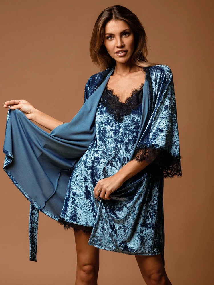 

Tulin Fashion Lace Patchwork Pajamas Night Dress Women Robe Pajama Sets Velour Nightgowns Set Woman 2 Pieces Velvet Roomware