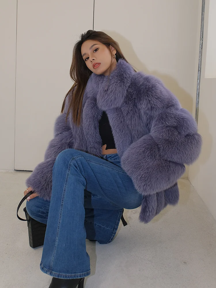 Fashion Purple Natural Fox Fur Coats Stand Collar Women Winter New High Quality Full Pelt Fox Fur Jacket Genuine Luxury Overcoat