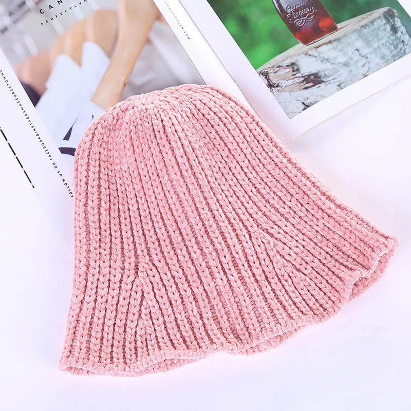 Women Knitted Wool Bucket Hat Autumn Winter Girls Casual Elegant Cap Solid Color Fisherman Hat Warm Beanie