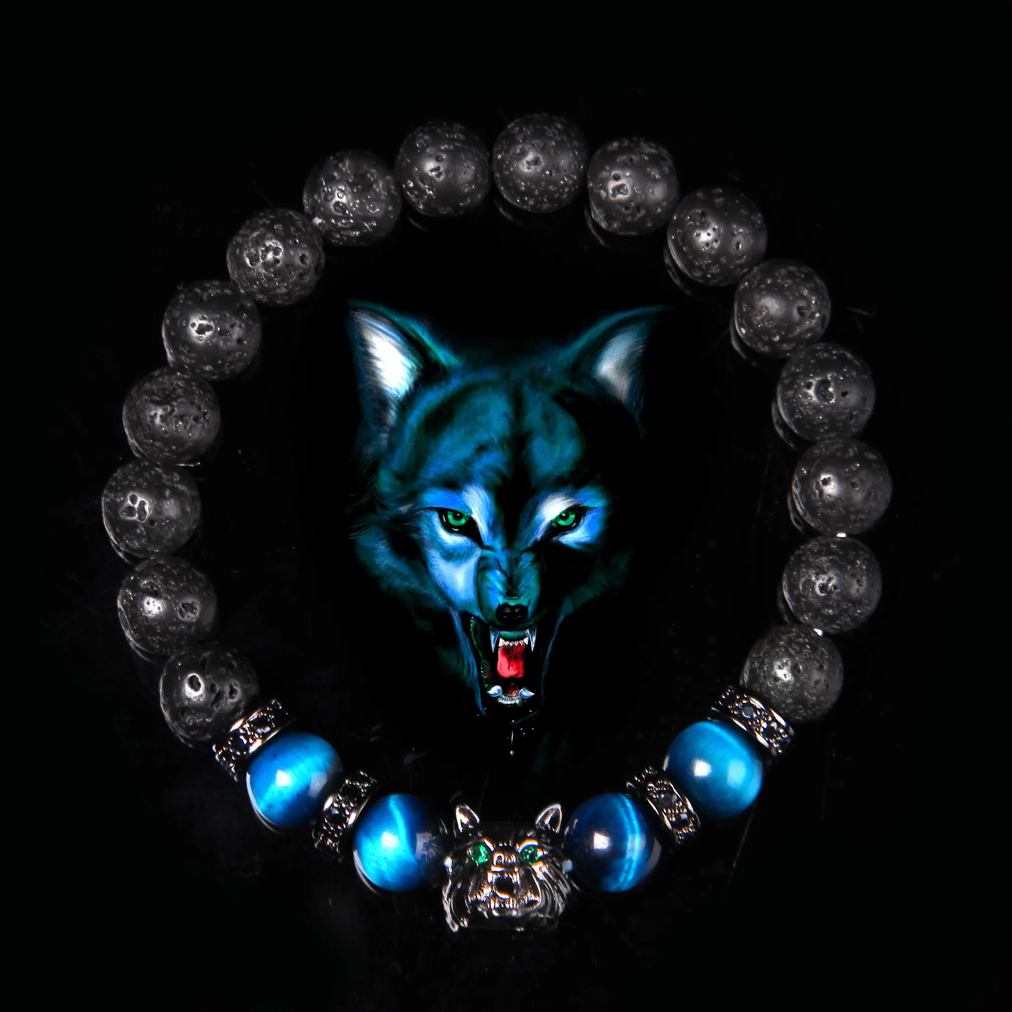 Wolf Charm Bracelets Jewelry Beads Lava Stone Tiger Elastic Black Natural Women Brave
