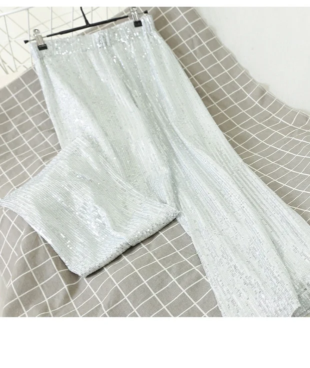 Zsangbee Pantaloni Donna A Gamba Larga Con Paillettes - Modello A Vita Alta, Elastico, Colori Argento E Oro - Perfetti Per Feste, Halloween E Matrimoni