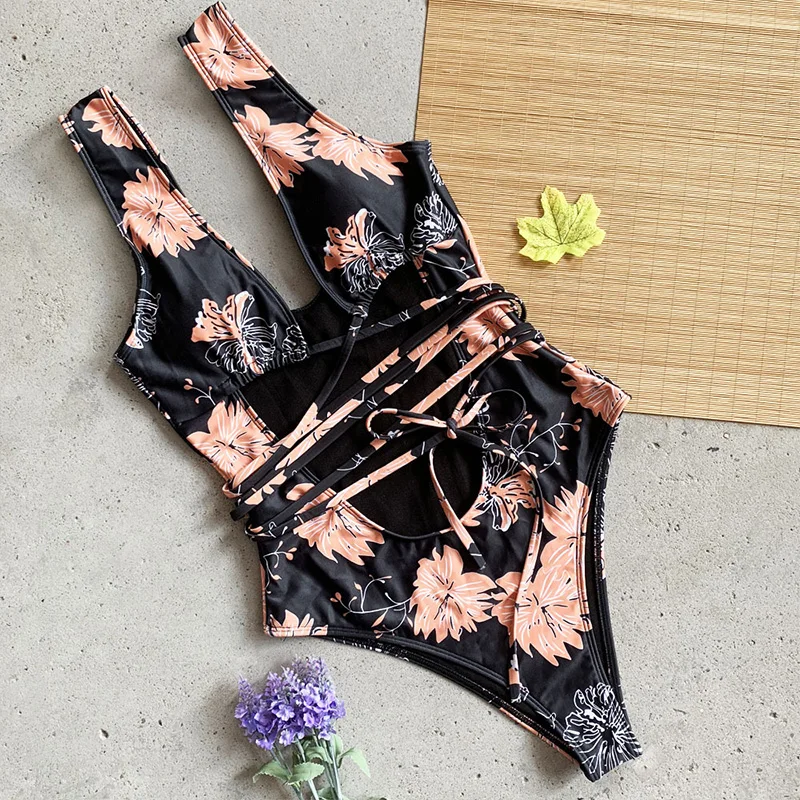 Черный Motina Julia, цветочный принт, Бандажное боди, для женщин, boho, пляжная одежда, для женщин, с вырезами, бикини - Цвет: Черный