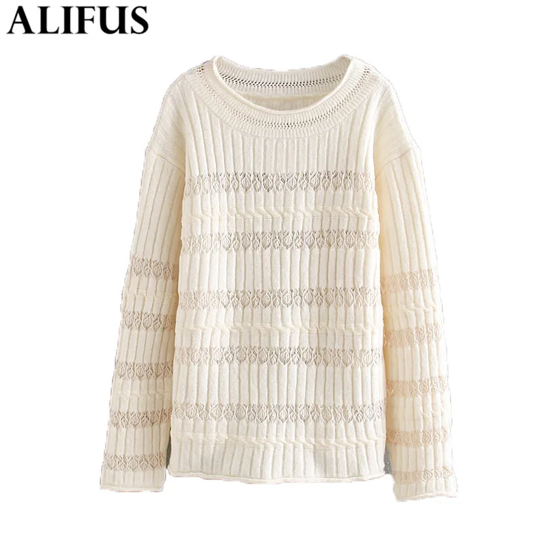

Fashion Za Women Sweaters 2019 Elegant Jacquard Mesh Splicing Long Sleeve Pullovers Loose Knitting Ladies Sweaters Female